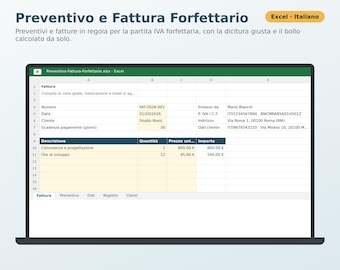 Preventivo e Fattura Forfettario Excel in Italiano | Modello con Bollo 2 Euro, Dicitura di Legge, Registro Fatture, Rubrica Clienti