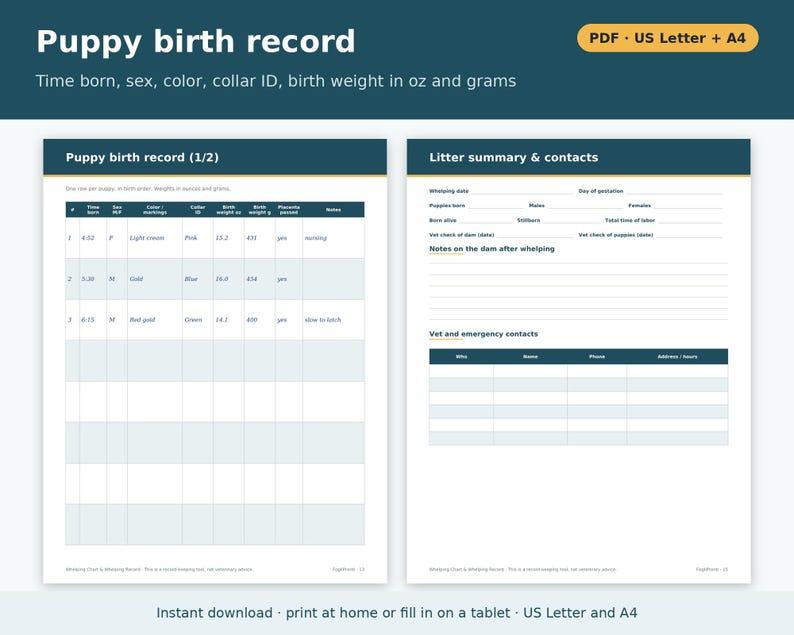 Whelping Chart Printable for Dogs | Whelping Record, Due Date Calculator Tables, Puppy Birth Record, Dog Breeder Forms PDF image 5