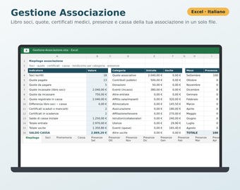 Association Management Excel in Italian | Membership Register, Membership Dues, Attendance Register, Cash Journal, ASD, APS, Club