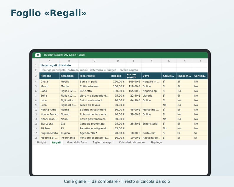 Julbudget 2026 Excel på italienska | Julklappslista, Julplanerare, Högtidsmeny, Gratulationskort, Decemberkalender bild 2