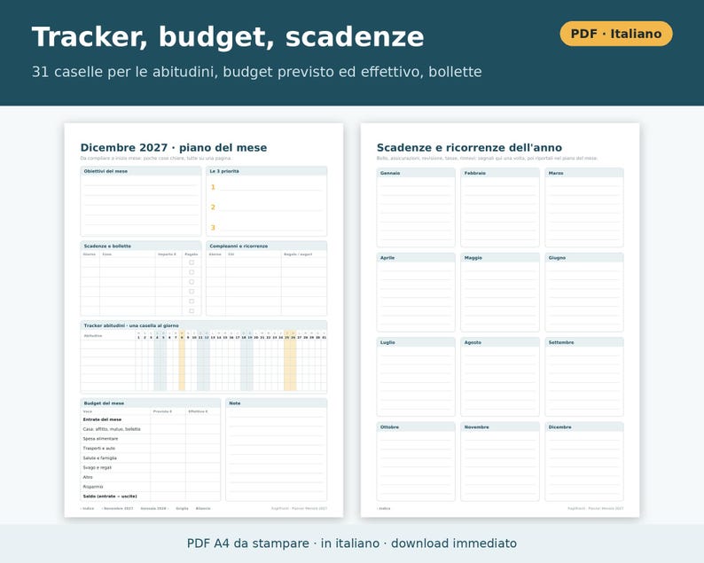 Planner Mensile 2027 da Stampare PDF A4 in Italiano | Agenda Mensile su Due Pagine, Obiettivi, Scadenze e Bollette, Abitudini, Budget immagine 5