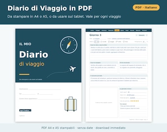 Diario de viaje imprimible (PDF en formato A4 y A5) | Diario de viaje por Italia, lista de equipaje, itinerario, registro de gastos, regalo de viaje