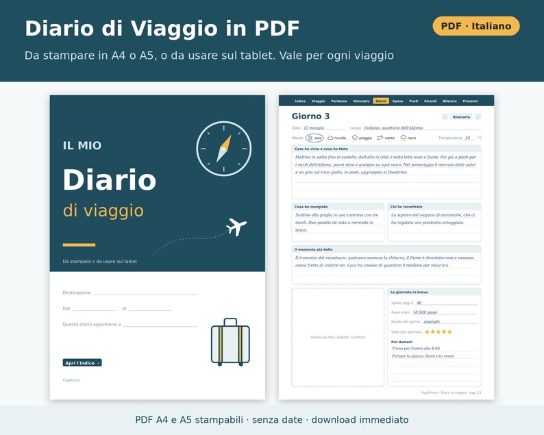 Printbaar reisdagboek (A4 en A5 PDF) | Italiaans reisdagboek, paklijst, reisroute, onkostenoverzicht, reiscadeau afbeelding 1