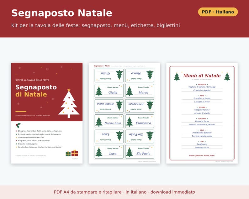 Segnaposto Natale da Stampare PDF | Kit Tavola delle Feste con Menù da Compilare, Etichette Chiudipacco, Bigliettini, Fascette Tovagliolo immagine 1