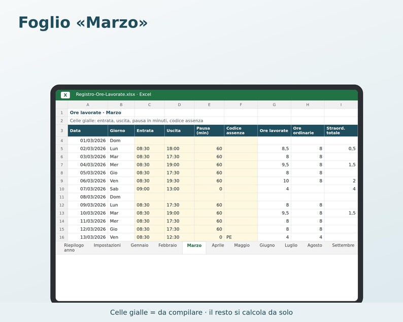 Excel Timesheet in Italian | Attendance Sheet, Overtime Calculation, Vacation and Leave, Paycheck Tracking, Freelance image 5