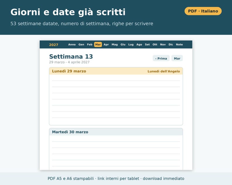 Wochenplaner 2027 (A5 und A6 Hochformat) – Druckbare PDF-Datei | Woche auf zwei Seiten, datierter Planer auf Italienisch, italienische Feiertage Bild 5