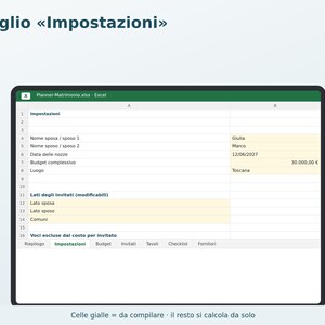 May include: A digital spreadsheet titled Planner-Matrimonio.xlsx displayed on a screen. The sheet shows an Impostazioni tab with fields for names, wedding date, budget of 30.000,00 &euro;, location, and guest sides. Yellow cells indicate fields for user input.