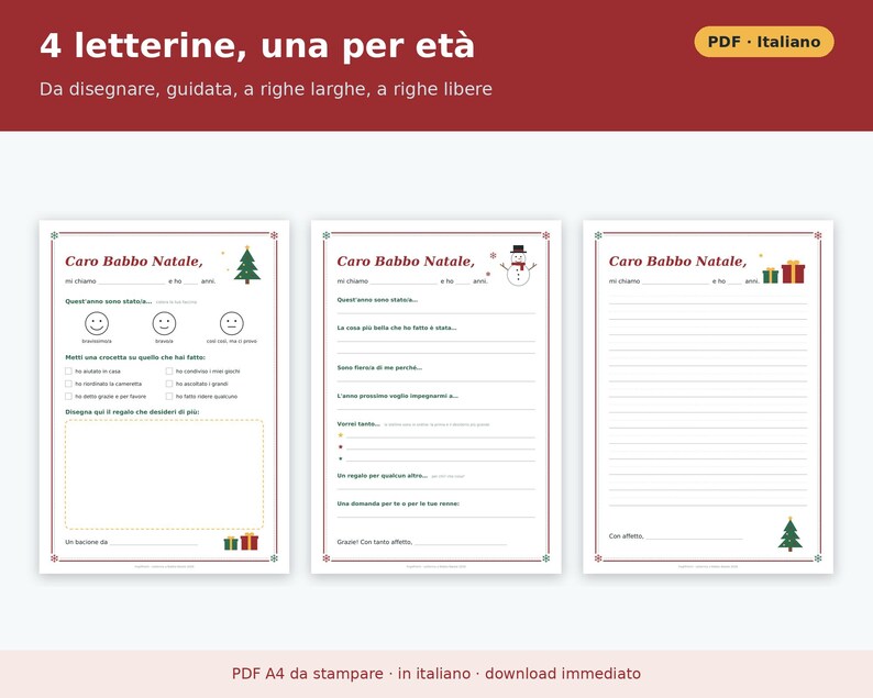 Carta imprimible a Papá Noel (PDF en italiano) | Kit infantil 2026 con sobre del Polo Norte, carta de respuesta, certificado y lista de regalos. imagen 2