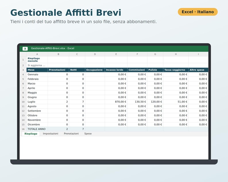 Short-Term Rental Management Software in Excel (in Italian) | Booking Register, Tourist Tax, Flat-Rate Tax, Vacation Rental Expenses image 3