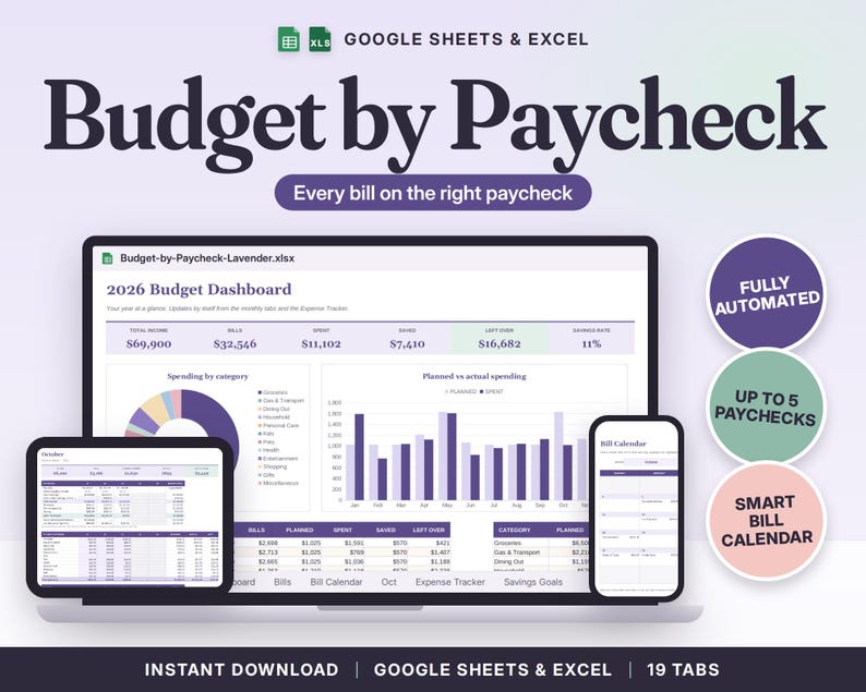 Budget by Paycheck Spreadsheet Google Sheets & Excel | Bi-Weekly Budget Template, Bill Calendar, Paycheck Planner image 1