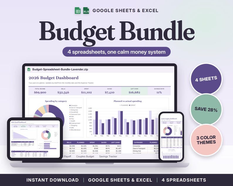 Budget Spreadsheet Bundle Google Sheets & Excel | Budget by Paycheck, Debt Payoff Tracker, Couples Budget, Savings Tracker image 1
