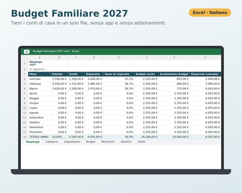 Budget familial 2027 (Excel en italien) | Dépenses du ménage, revenus et dépenses, épargne, objectifs, dettes et paiements image 3
