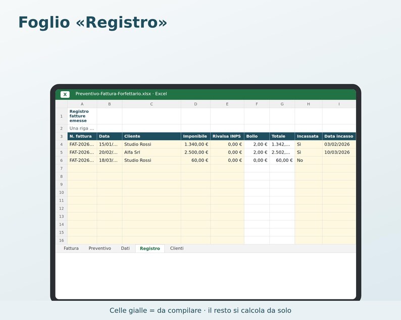 Flat-Rate Estimate and Invoice for Excel in Italian | Template with 2-Euro Stamp Duty, Legal Wording, Invoice Register, Customer Directory image 4