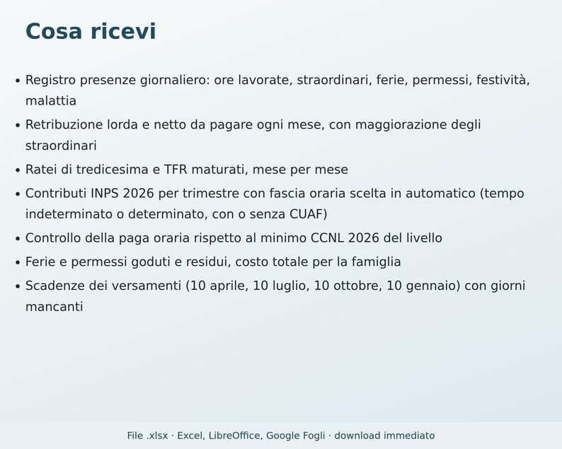 Housekeepers and Caregivers Excel in Italian | Housekeeper Payslip, 2026 INPS Contributions, Attendance Register, Vacation, Thirteenth Month, Severance Pay, Babysitters image 6
