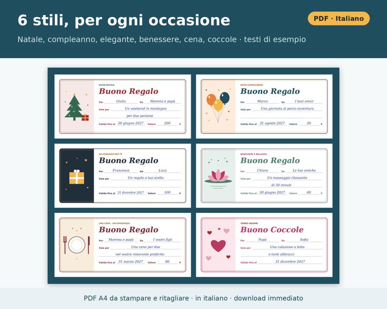Certificados de regalo imprimibles en PDF | Certificados de regalo para Navidad, cumpleaños, salones de belleza, cenas y tratamientos de bienestar | 6 estilos en 2 formatos para rellenar a mano imagen 2