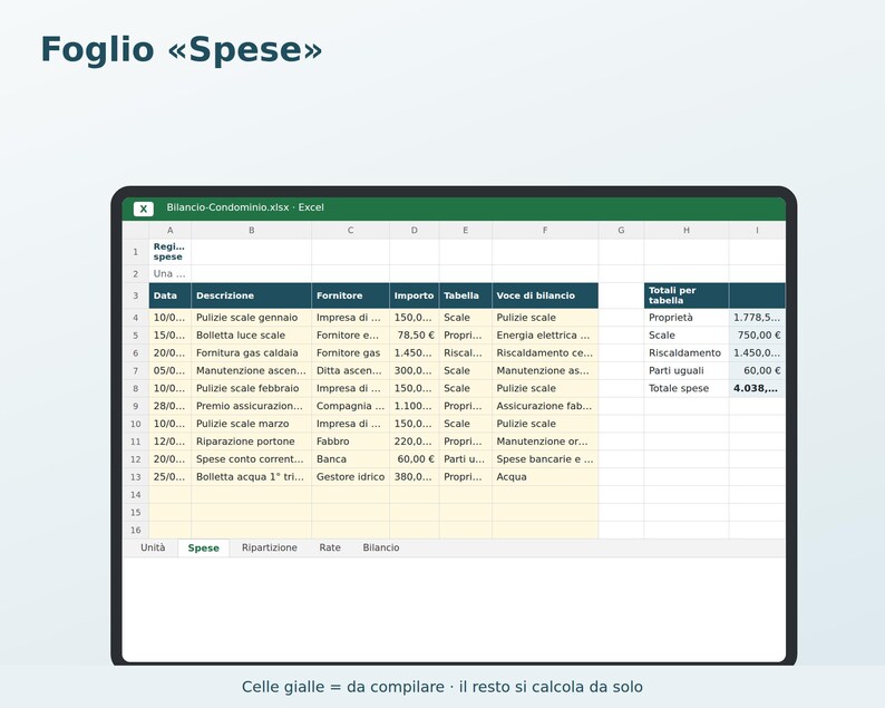 Condominium Budget Excel in Italian | Expense Breakdown by Thousandths, Installments, Budget and Final Report, Self-Managed Condominium image 2
