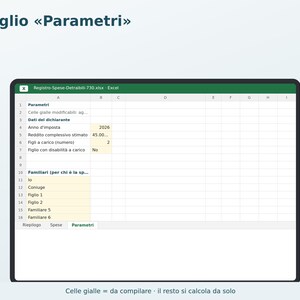 Op de afbeelding: Een digitaal spreadsheet getiteld Foglio Parametri weergegeven op een scherm. De Excel-interface toont rijen en kolommen met gele cellen voor gegevensinvoer, inclusief velden voor het belastingjaar 2026 en het geschatte inkomen.