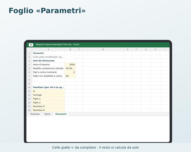 Op de afbeelding: Een digitaal spreadsheet getiteld Foglio Parametri weergegeven op een scherm. De Excel-interface toont rijen en kolommen met gele cellen voor gegevensinvoer, inclusief velden voor het belastingjaar 2026 en het geschatte inkomen.