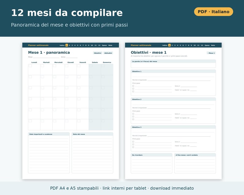 Printable Weekly Planner in PDF Format (A4 and A5) | Weekly Planner in Italian, Goals, Habit Tracker, Shopping List image 3