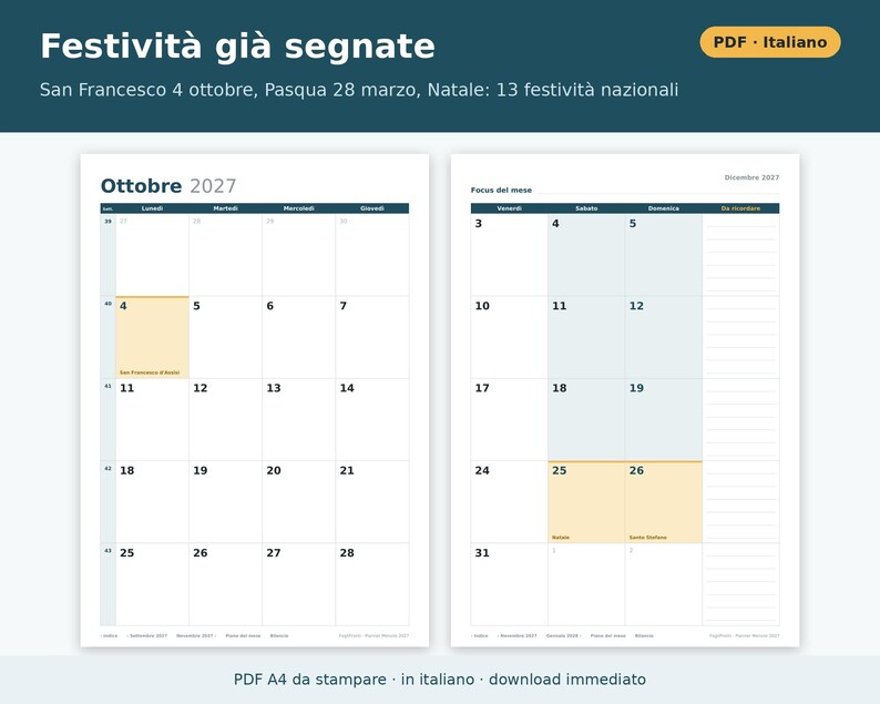Planner Mensile 2027 da Stampare PDF A4 in Italiano | Agenda Mensile su Due Pagine, Obiettivi, Scadenze e Bollette, Abitudini, Budget immagine 4