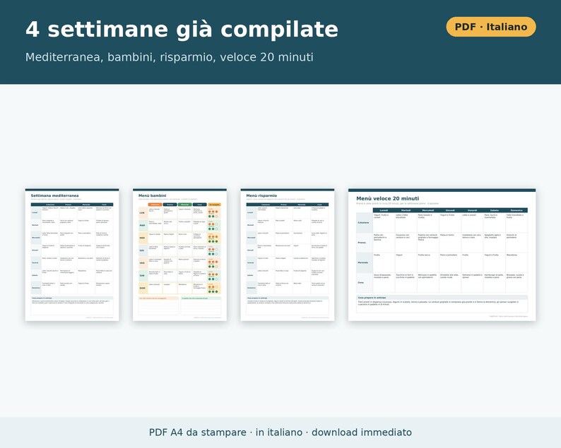 Wochenmenü (PDF) und ausdruckbare Einkaufsliste | Speiseplaner, Wochenmenü für Kinder, ausdruckbares Menü auf Italienisch Bild 5