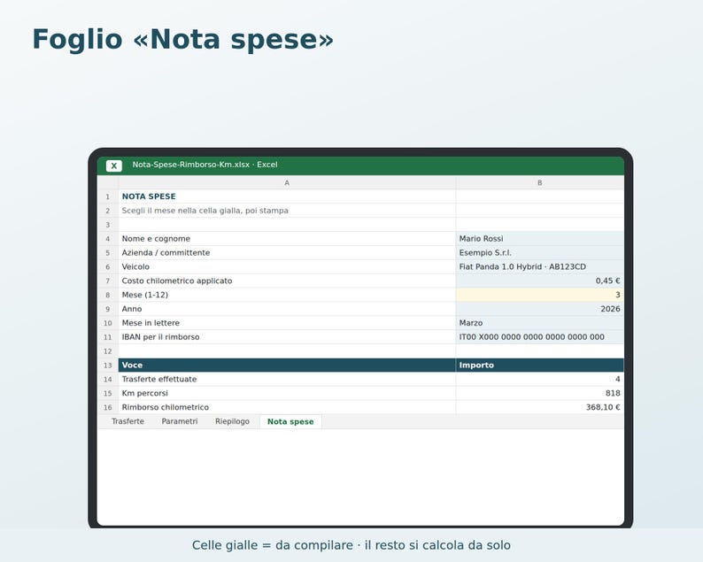 Expense Report and Mileage Reimbursement in Excel in Italian | Mileage Reimbursement, Travel, Tolls, Meals, Monthly Summary, Printable Form image 4