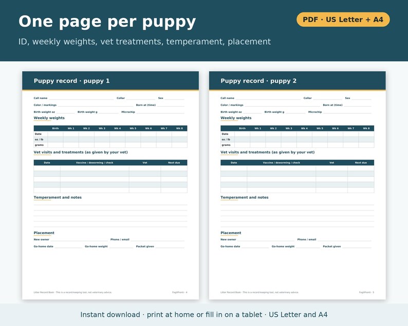 Litter Record Template Printable | Litter Record Sheet and Book for Dog Breeders, Puppy Record Pages, Dog Breeder Forms PDF image 2