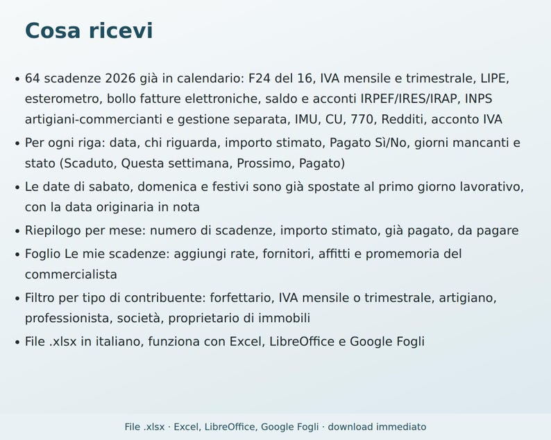 2026 Tax Calendar for Excel in Italian | VAT, F24, INPS, Taxes and Duties Deadlines, Payment Reminders image 4