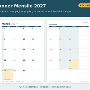 Planner Mensile 2027 da Stampare PDF A4 in Italiano | Agenda Mensile su Due Pagine, Obiettivi, Scadenze e Bollette, Abitudini, Budget immagine 1