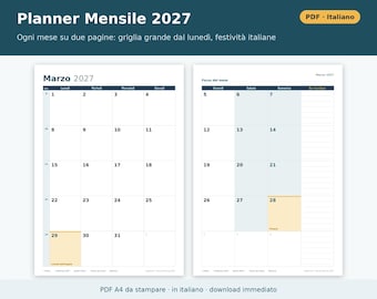 Monatsplaner 2027 zum Ausdrucken (A4 PDF) auf Italienisch | Zweiseitiger Monatsplaner mit Zielen, Fristen, Rechnungen, Gewohnheiten und Budget