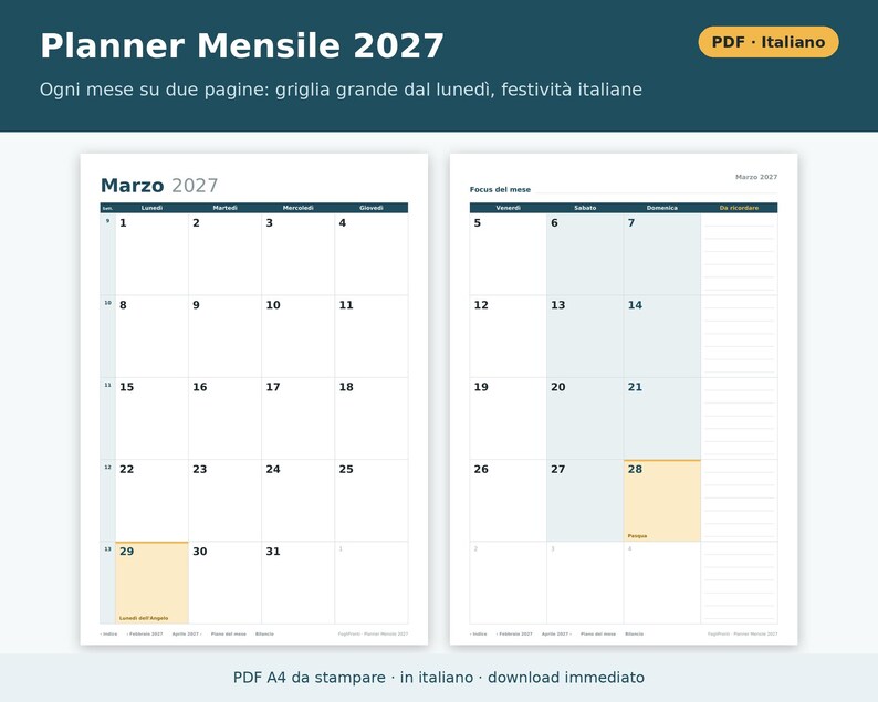 Planner Mensile 2027 da Stampare PDF A4 in Italiano | Agenda Mensile su Due Pagine, Obiettivi, Scadenze e Bollette, Abitudini, Budget immagine 1
