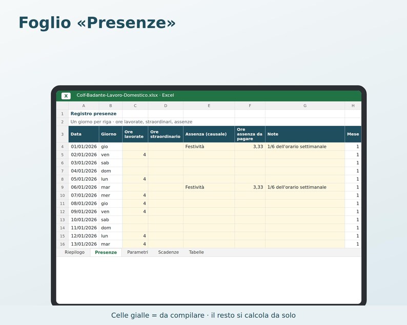 Housekeepers and Caregivers Excel in Italian | Housekeeper Payslip, 2026 INPS Contributions, Attendance Register, Vacation, Thirteenth Month, Severance Pay, Babysitters image 2