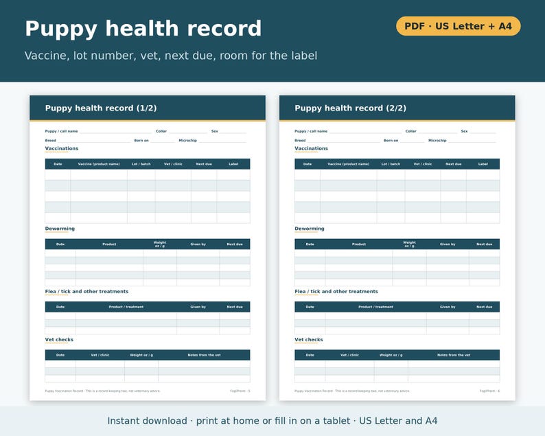 Puppy Vaccination Record Template Printable | Puppy Shot Record, Deworming Log and Owner Copy, Dog Breeder Forms PDF image 2