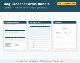 May include: A digital bundle of dog breeder forms featuring three printable pages: a breeding and progesterone record, a litter weight log for days 0-6, and a welcome home sheet. The text includes Dog Breeder Forms Bundle 5 in 1.