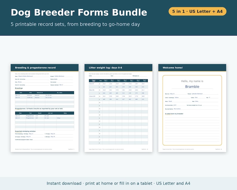 Dog Breeder Forms Bundle Printable | Whelping Chart, Puppy Weight Chart, Litter Record, Puppy Vaccination Record, Go Home Kit PDF image 1