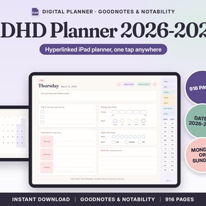 ADHD Digital Planner 2026-2027, Hyperlinked iPad Planner for GoodNotes Notability, Daily Weekly Monthly, Habit Mood Tracker