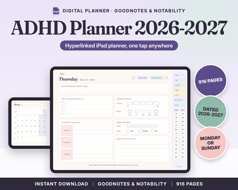 ADHD Digital Planner 2026-2027, Hyperlinked iPad Planner for GoodNotes Notability, Daily Weekly Monthly, Habit Mood Tracker image 1