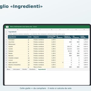 Excel Weekly Menu in Italian | Automatic Grocery List, Meal Planner, Recipe Book, Family Menu, Grocery Cost image 5