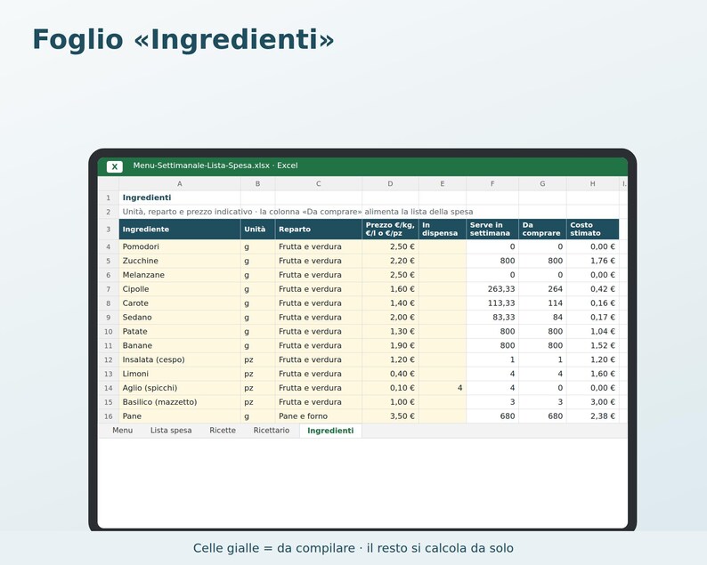 Excel Weekly Menu in Italian | Automatic Grocery List, Meal Planner, Recipe Book, Family Menu, Grocery Cost image 5