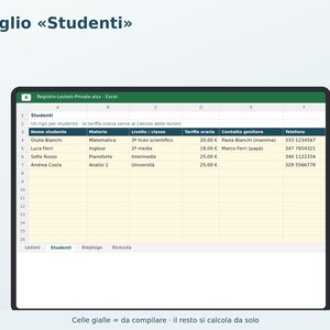 Private Lesson Log in Excel in Italian | Tutoring, Music Lessons, Student Hours and Payments, Printable Receipt image 2