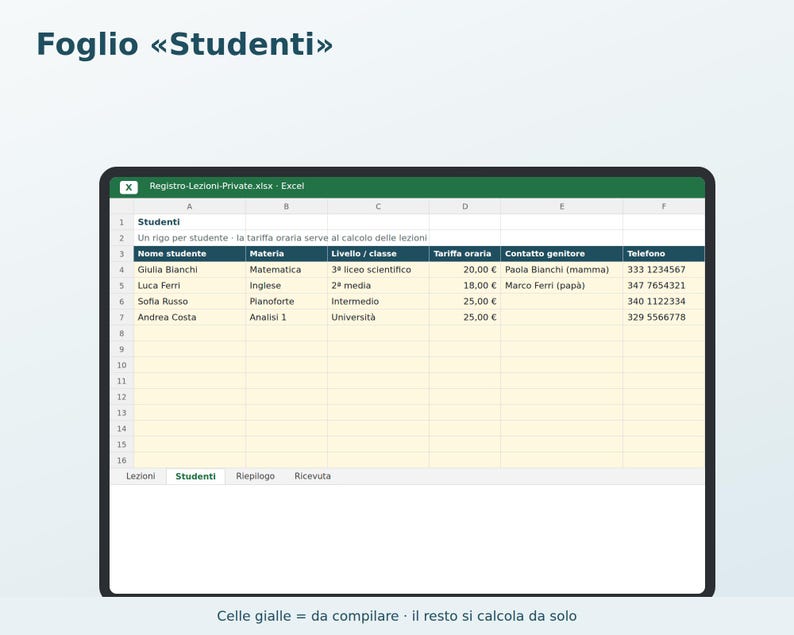 Private Lesson Log in Excel in Italian | Tutoring, Music Lessons, Student Hours and Payments, Printable Receipt image 2