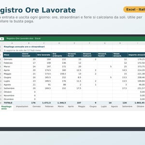 Excel Timesheet in Italian | Attendance Sheet, Overtime Calculation, Vacation and Leave, Paycheck Tracking, Freelance image 1