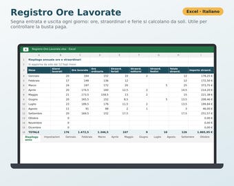 Excel Timesheet in Italian | Attendance Sheet, Overtime Calculation, Vacation and Leave, Paycheck Tracking, Freelance