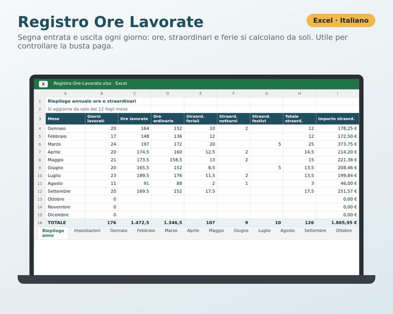 Excel Timesheet in Italian | Attendance Sheet, Overtime Calculation, Vacation and Leave, Paycheck Tracking, Freelance image 1
