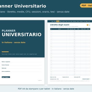 Printable PDF University Planner in Italian | Exam Booklet, Weighted Average, CFU, Study Plan, Sessions, Class Schedule, Thesis image 1