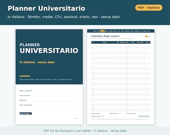 Printable PDF University Planner in Italian | Exam Booklet, Weighted Average, CFU, Study Plan, Sessions, Class Schedule, Thesis