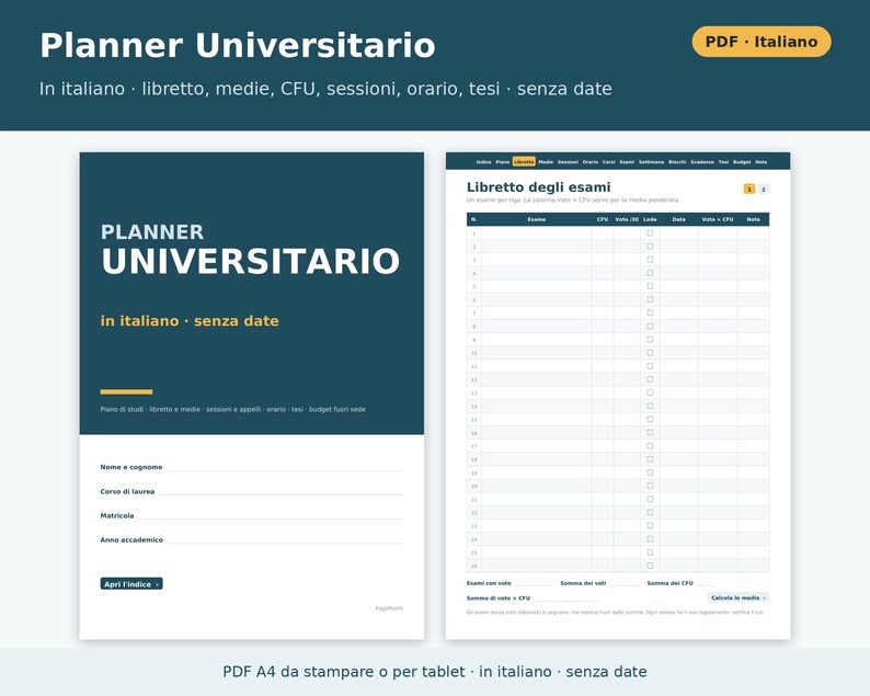 Printable PDF University Planner in Italian | Exam Booklet, Weighted Average, CFU, Study Plan, Sessions, Class Schedule, Thesis image 1