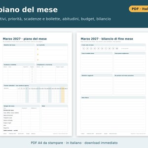 Planner Mensile 2027 da Stampare PDF A4 in Italiano | Agenda Mensile su Due Pagine, Obiettivi, Scadenze e Bollette, Abitudini, Budget immagine 2