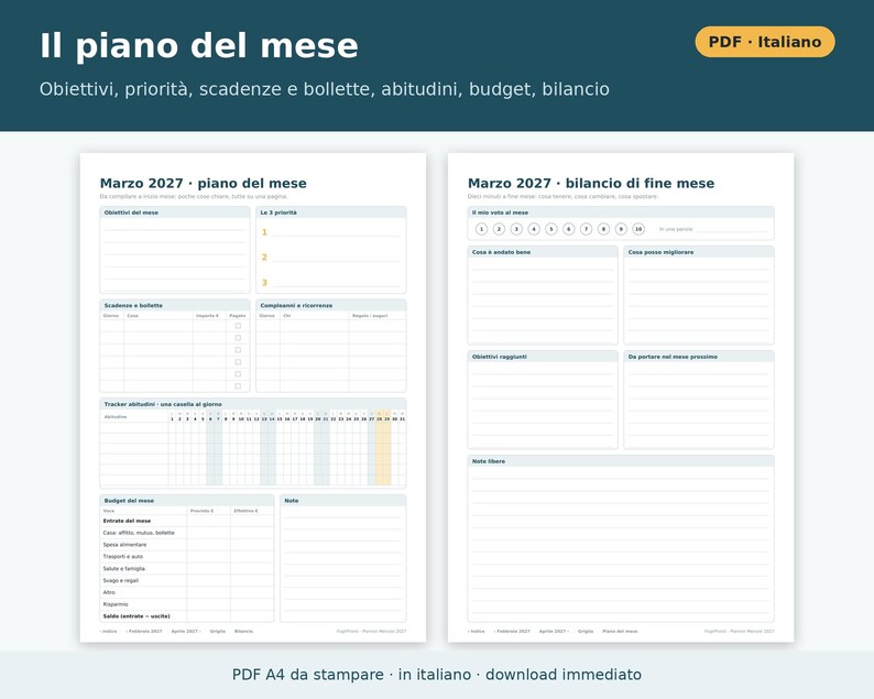 Planner Mensile 2027 da Stampare PDF A4 in Italiano | Agenda Mensile su Due Pagine, Obiettivi, Scadenze e Bollette, Abitudini, Budget immagine 2