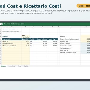 Food Cost and Recipe Book Excel in Italian | Recipe Cost, Portion Size, Margin, and Menu Price for a Restaurant, Pizzeria, or Bar image 1